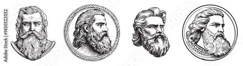 Detailed Artistic Portraits of Four Bearded Historical Figures, vintage retro hipster logo design, vector illustration, engraving design