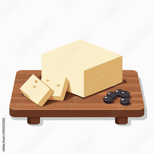 delicious yellow cheese with black olives on wooden cutting board