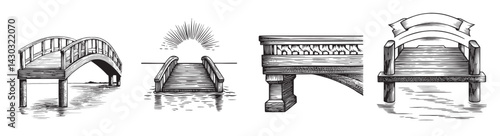 Hand-Drawn Illustrations of Bridges and Dock Structures over Water, vintage retro hipster logo design, vector illustration, engraving design