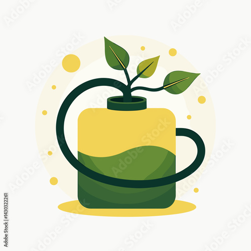 ecofriendly growth green plant in yellow canister with water droplets