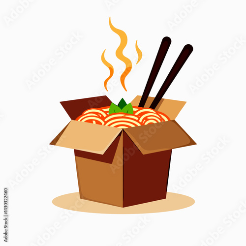 delicious ramen noodles in brown box with chopsticks and steam
