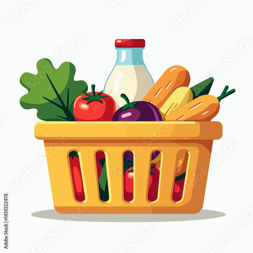 vibrant fresh produce in yellow basket with red labels
