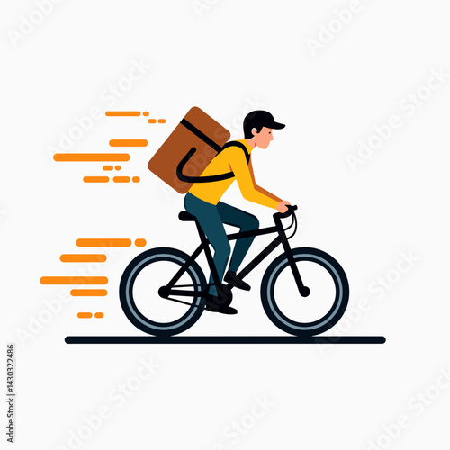 speedy cyclist with package delivery  yellow jacket, brown backpack, black helmet