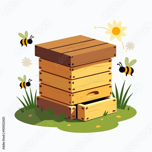 wooden honey bee hive with buzzing bees in pastel colors