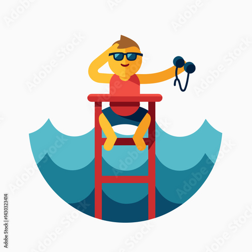 cartoon lifeguard on chair, sunglasses, red life preserver, blue ocean, summer fun