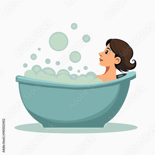 woman in blue bathtub with bubbles