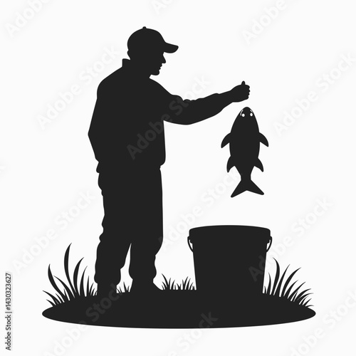 fishing scene with catch  silhouette style