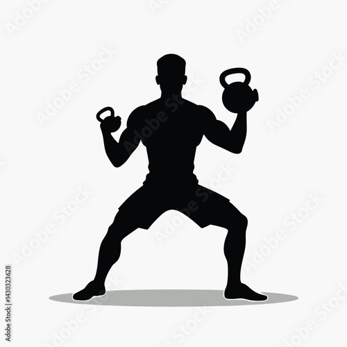 fitness training man performing squat with kettlebell