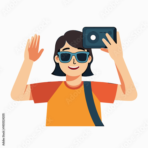 happy traveler taking selfie with camera