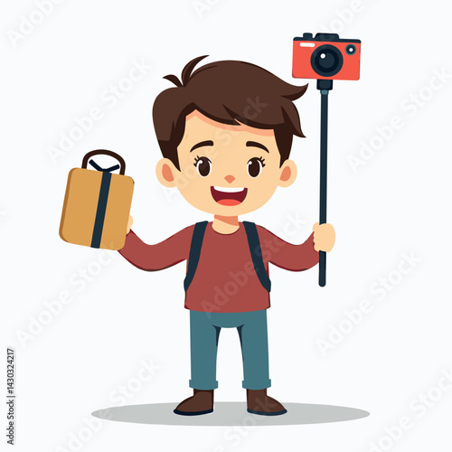 traveling cartoon boy with backpack and camera
