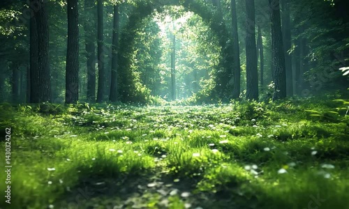 Serene forest pathway illuminated by sunlight, surrounded by lush greenery and soft flowers