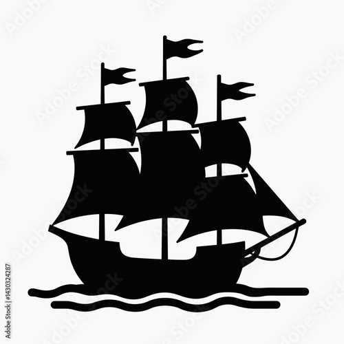 vintage black and white sailing ship silhouette on waves