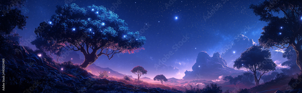 Fototapeta premium Magical Night Landscape Glowing Trees Under Starlit Sky Fantasy Art