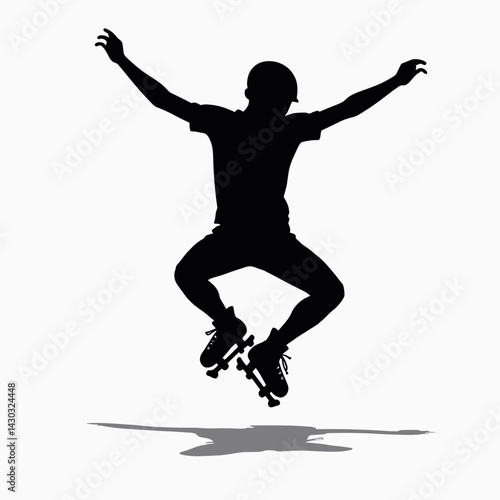 skateboarder in midair, dynamic pose, black silhouette on white background, action sports, skateboarding, extreme sport, athleticism, outdoor activity, urban lifestyle, youthful energy, high contras
