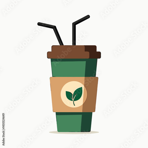 coffee cup with green lid and straws  stock illustration