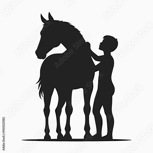 horse grooming silhouette  boy petting horse