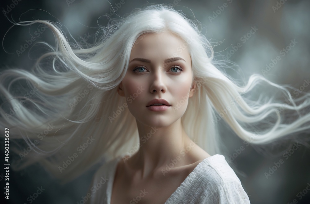 Ethereal Portrait of a Woman with Flowing White Hair in Soft Focus Ethereal Portrait of a Woman with Flowing White Hair in Soft Focus