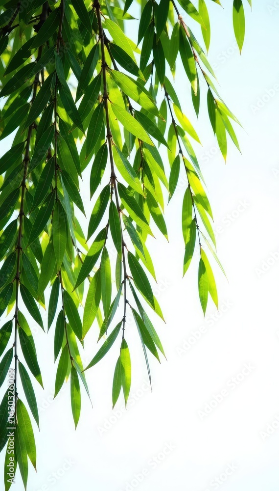 Isolated willow branches on a snowy white background against clear sky, bark, branch, greenery Isolated willow branches on a snowy white background against clear sky, bark, branch, greenery