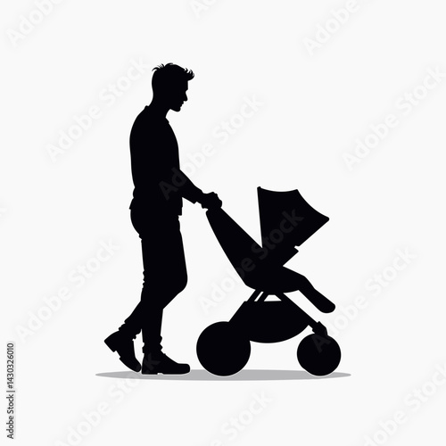 man walking stroller black and white silhouette