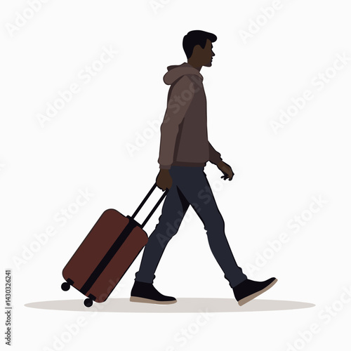 traveler with luggage walking on sidewalk