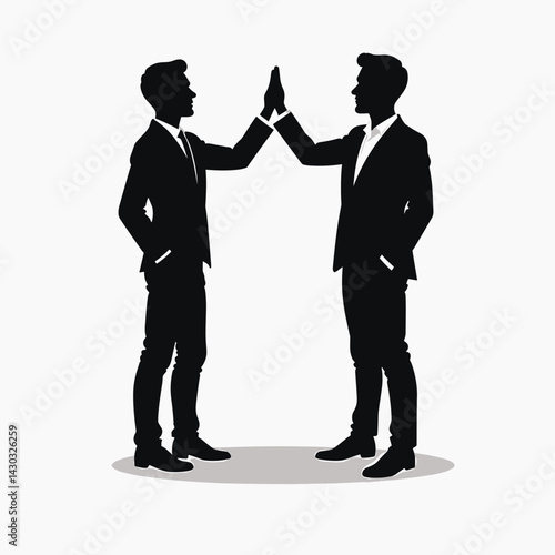 high fiving businessmen in suits with black and white silhouette