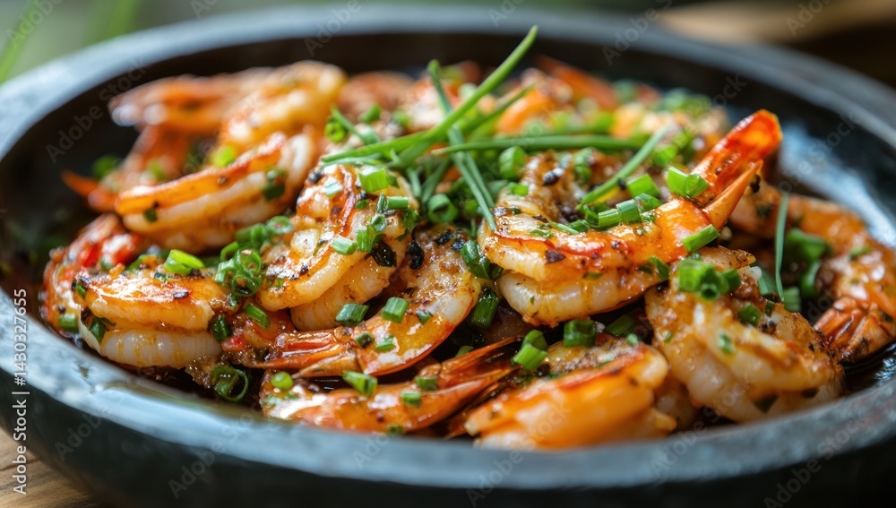 Shrimp dish with herbs served in a dark bowl food photography. Shrimp dish with herbs served in a dark bowl food photography.