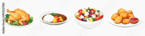 Illustration of various dishes: roast chicken, curry, salad, and nuggets with sauce, vector set