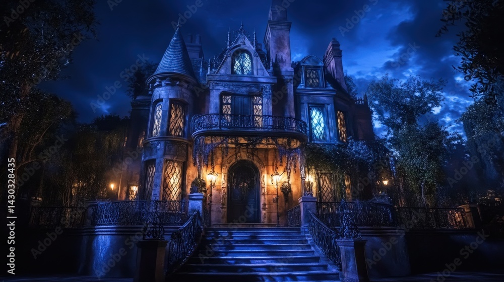 Fototapeta premium Mysterious gothic mansion at night, under a vibrant sky.