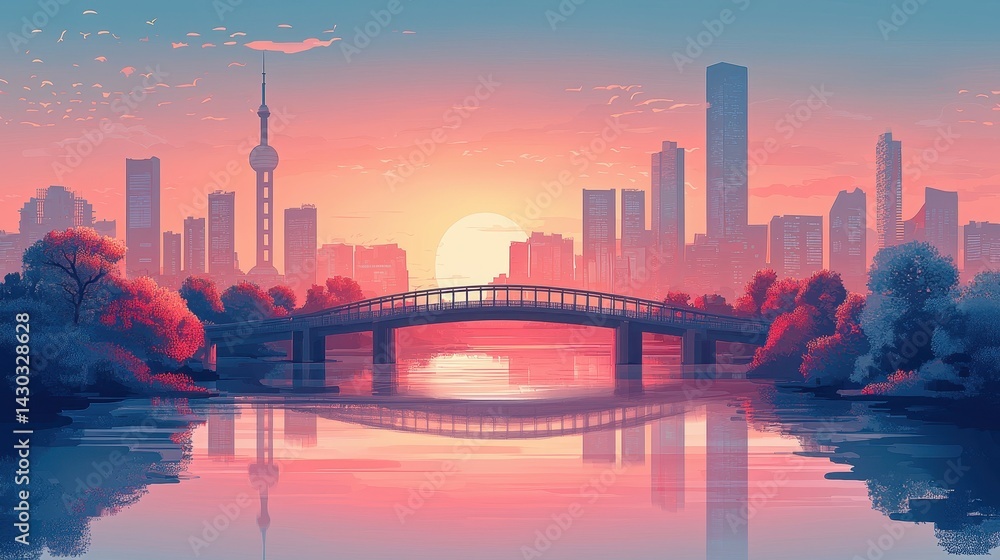 Serene sunset over a city skyline with a bridge reflecting in the calm water. Serene sunset over a city skyline with a bridge reflecting in the calm water.