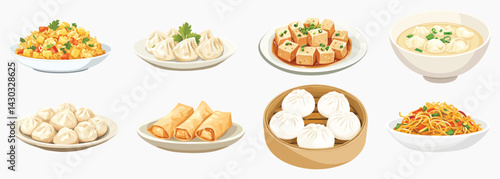 Illustration of various Asian dishes including dumplings, tofu, and noodles, vector set