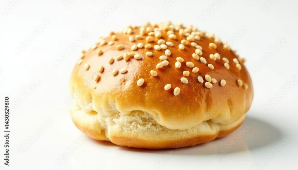 Sesame seed topped bun, fluffy and light, against white backdrop , white, crumb, carbs Sesame seed topped bun, fluffy and light, against white backdrop , white, crumb, carbs