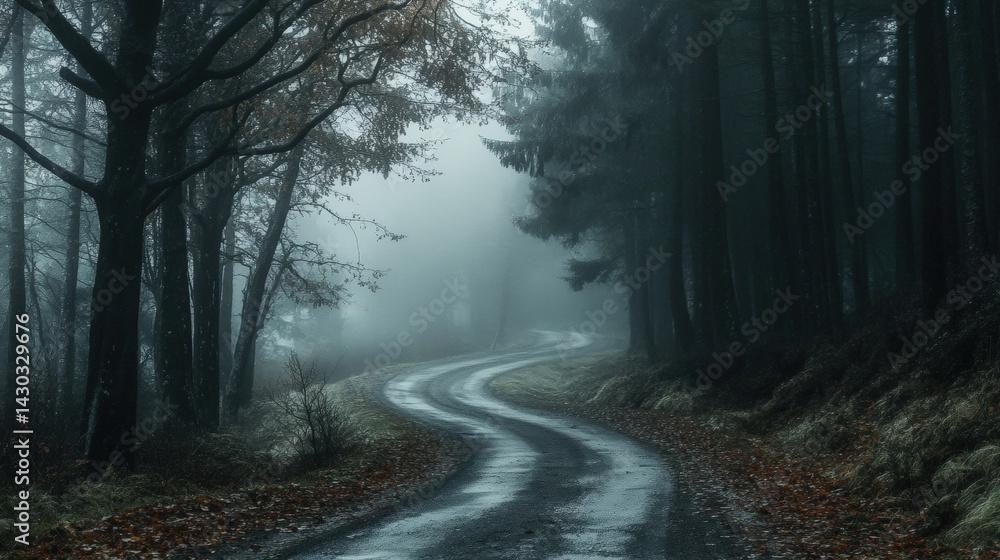 Obraz premium Foggy, winding forest road shrouded in mystery.