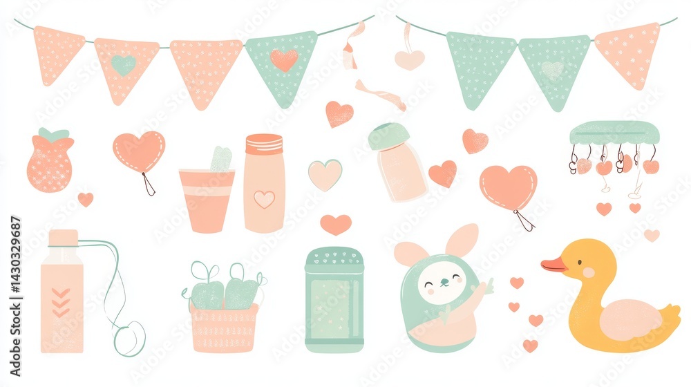 Fototapeta premium nursery design elements set, mint green and coral pink tones, celebration banners, baby duck toy, baby essentials, heart motifs, safety pins with hearts, baby feeding bottle, stuffed animal,