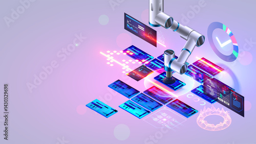 Robot or robotic arm shifts semiconductor chips on an assembly line at an electronics factory. An industrial robot uses a suction cup to drag small details of microchips. Programming an automated line