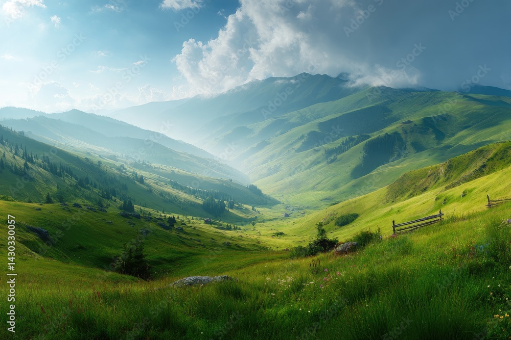 Lush mountain valley panorama Lush mountain valley panorama