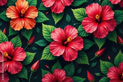 Wallpaper Mural Bold hibiscus blooms, lush green leaves, seamless repeat, wallpaper, repeat, photography Torontodigital.ca