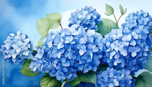 Minimalist watercolor of soft blue hydrangea flowers on a blue background.