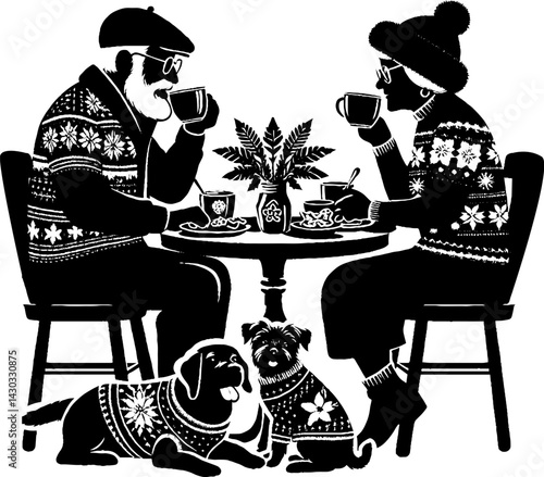 elderly couple enjoying coffee in holiday sweaters at home - 41.eps  