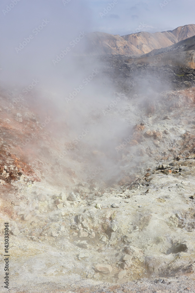 Volcanic landscape with sulfur vapor. Fjallabak. Vertical. Iceland
