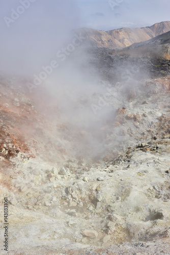 Obraz na płótnie Volcanic landscape with sulfur vapor. Fjallabak. Vertical. Iceland w salonie