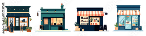 Charming storefronts in colorful illustration, isolated vector set