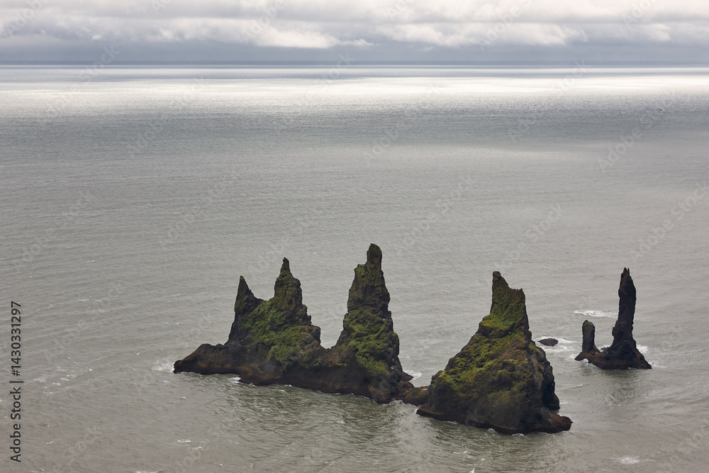Reynisdrangur rock pinacles and black sand beach. Vik, South area. Iceland