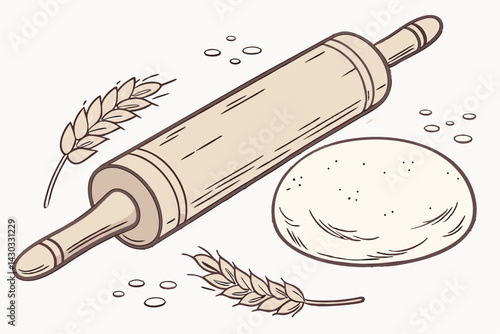 Wooden Rolling Pin with Round Dough – Rustic Baking Preparation with Flour Dusting and Traditional Kitchen Tools.