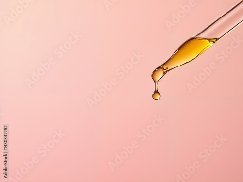 Dropper releasing golden oil drop on soft pink background, skincare concept. Generative AI