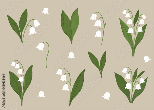 Set of lily of the valley flowers in hand drawn, cartoon style. Suitable for spring designs, floral decoration, and botanical illustrations. Beige background