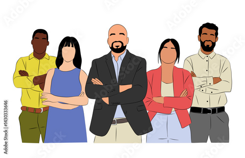 Business team members standing together. Business men, women in formal outfits taking part in business activities. Vector colored line art illustration isolated on transparent background