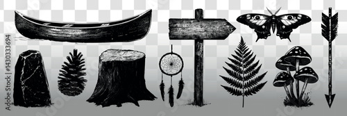 Rustic nature-themed silhouette collection, isolated vector set