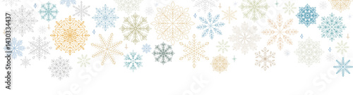 Abstract Christmas border with gold, silver, blue, gray snowflakes and copy space for text. Overlay, banner, cover. Vector hand drawn isolated on transparent background.	