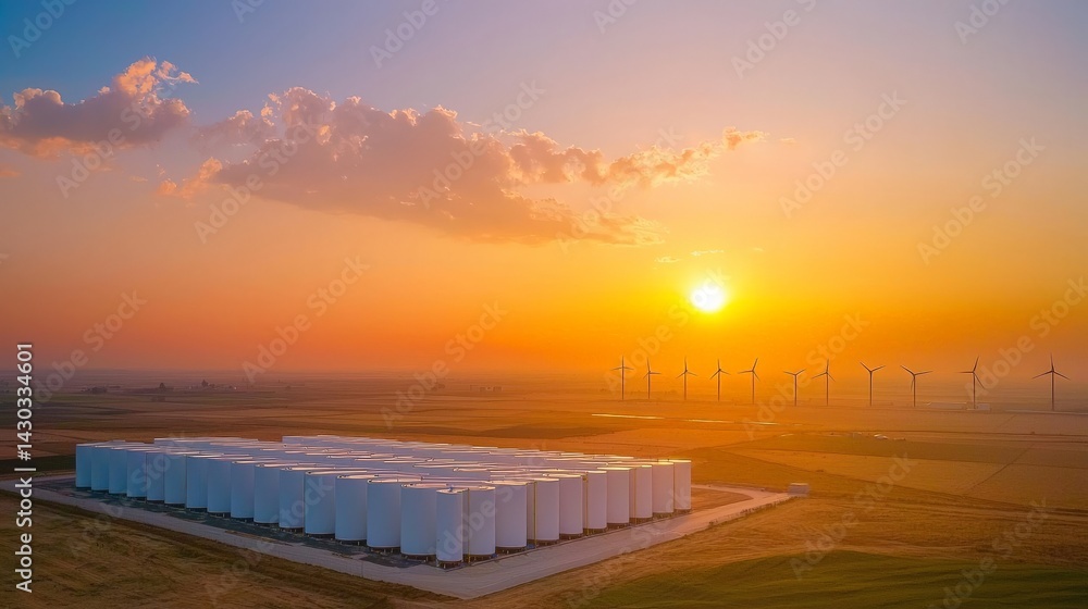 Peak Energy Solutions with Advanced Battery Storage Technology, A panoramic view of a renewable energy facility at sunset, featuring wind turbines and storage tanks.