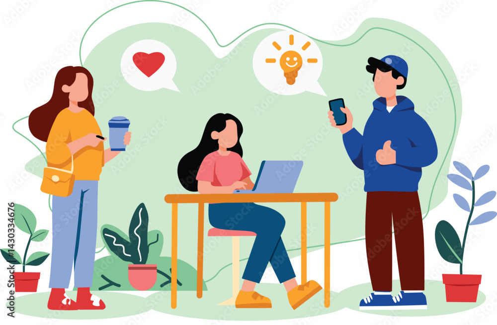 Vibrant Vector Illustration Depicting Young Adults Sharing Creative Ideas and Lifestyle Concepts in a Modern, Collaborative Environment Vibrant Vector Illustration Depicting Young Adults Sharing Creative Ideas and Lifestyle Concepts in a Modern, Collaborative Environment